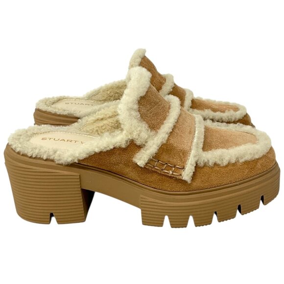 Stuart Weitzman Lennox Shearling Suede Mules New Camel US Size 6.5 B 30MM - Picture 7 of 11